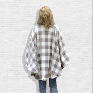 Grey White Plaid Checked Poncho Jacket Size Large Hooded